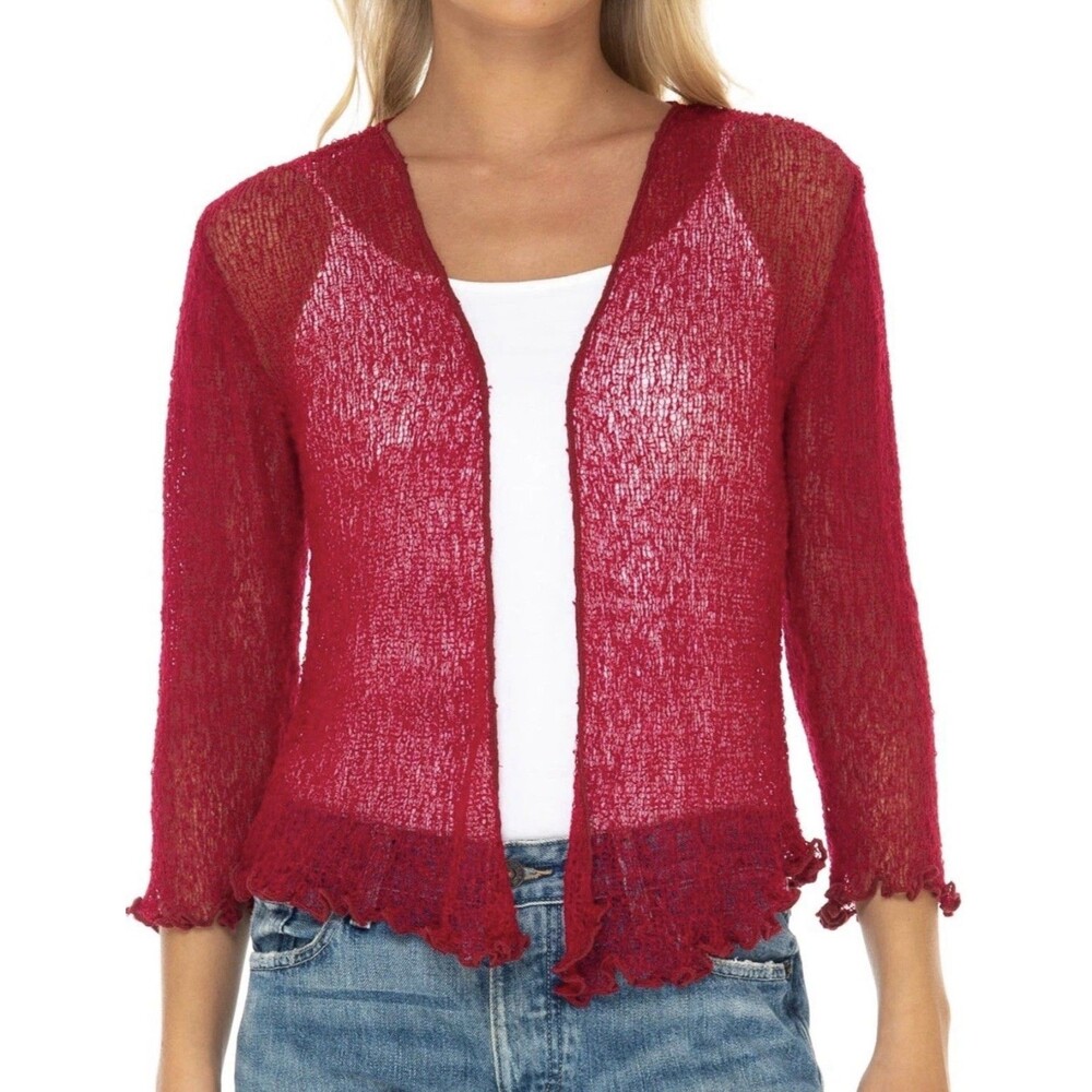 Sheer Shrug mesh knit shirt top 3/4 Sleeve Lightweight Summer Cover Up Red sexy